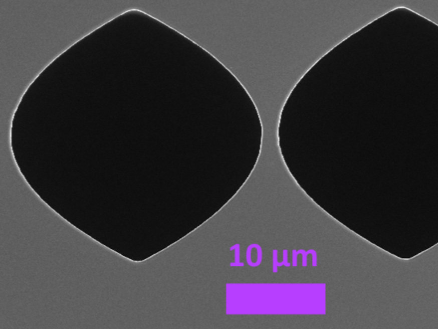 SEM image of silicon refractive X-ray lens structures with 10 micrometre scale bar